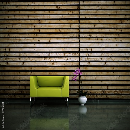 Photo: Wohndesign - Sessel grün vor Holzwand Wohndesign - Sessel grün vor Holzwand