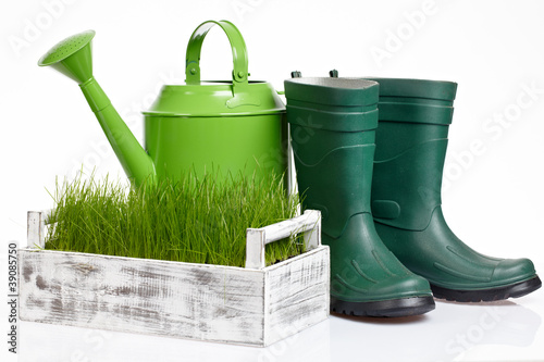 Photo: Garden tools and watering can with grass on white Garden tools and watering can with grass on white