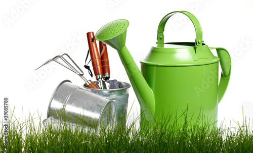 Photo: Garden tools and watering can with grass on white Garden tools and watering can with grass on white