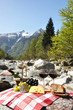 Red wine, cheese and grapes. Verzasca valley, Switzerland