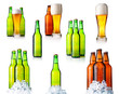 Set of bottles with beer and ice isolated on white