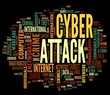 Cyber attack concept in word tag cloud on black background