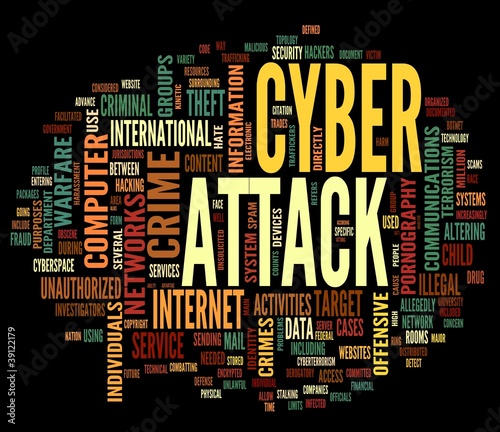 Illustration: Cyber attack concept in word tag cloud on black background Cyber attack concept in word tag cloud on black background