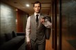 Foto: Man with a briefcase in a hotel hallway. Man with a briefcase in a hotel hallway.