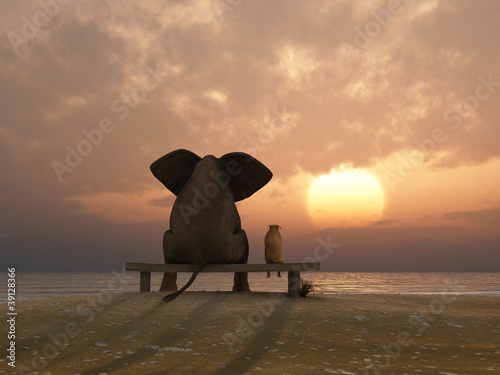 Illustration: elephant and dog sit on a summer beach elephant and dog sit on a summer beach