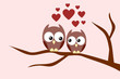 Owls couple in love sitting on a tree branch