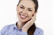 Cheerful young brunette listening to music