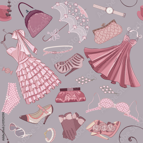 Vector: Seamless pattern with women's clothing, shoes and accessories Seamless pattern with women's clothing, shoes and accessories