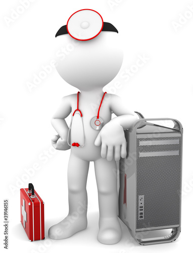 Illustration: Medic with computer tower. Computer repair concept Medic with computer tower. Computer repair concept