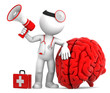 Medic with megaphone and big red brain. Isolated