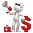 Doctor with megaphone and Dollar currency sign. Isolated