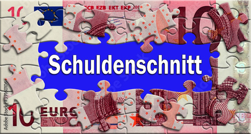 Illustration: Schuldenschnitt - Puzzle - Geldschein Schuldenschnitt - Puzzle - Geldschein