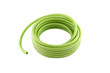 Roll of green pvc garden hose on white background.