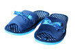 The blue house slippers with white polka dots.