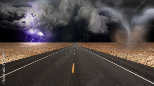 Illustration: Tornado funnel in desert road landscape Tornado funnel in desert road landscape