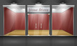 Shop with glass windows and doors, front view.