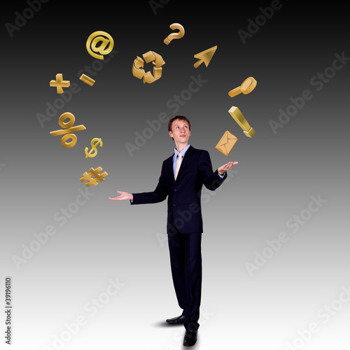 Illustration: Business man juggling with numbers and symbols Business man juggling with numbers and symbols