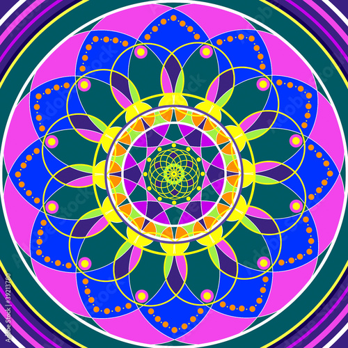 Illustration: Floral mandala, geometric drawing sacred circle Floral mandala, geometric drawing sacred circle