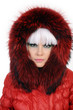 blonde woman in red clothing