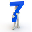 Illustration: 3D Human character holding blue number seven 3D Human character holding blue number seven