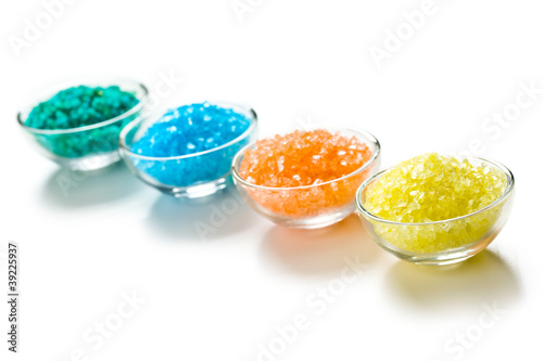 Photo: colorful bath salt in glass bowl colorful bath salt in glass bowl