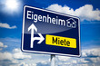 Ortseingangsschild blau mit Eigenheim und Miete