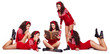Young brunette reading a book of her clones on white background