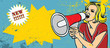 retro woman speaking in megaphone