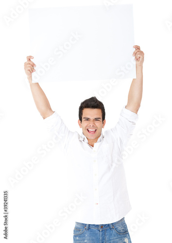 Photo: Man lifting a banner Man lifting a banner