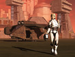 Futuristic female space pilot walks from her shuttle
