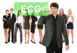 Businessman pushing ECO on a touch screen interface.