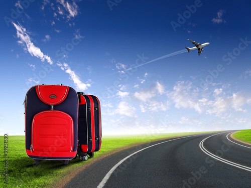 Illustration: Red suitcase and plane Red suitcase and plane