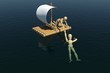 The wooden man on a raft pulled out to a drowning man