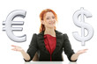 Businesswoman with euro and dollar 3d symbol