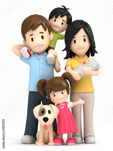Illustration: 3d render of a happy family and pet 3d render of a happy family and pet