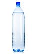 Blue plastic bottle of iced mineral water with bubbles on white