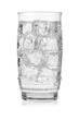 Glass of cold mineral water with ice cubes on white background