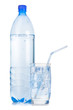 Plastic bottle and glass with straw of iced mineral water