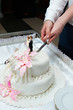 Groom and bride cuts the wedding cake with pink flowers