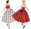 Vector: Two women in polka dots dresses inspect each other passing by Two women in polka dots dresses inspect each other passing by
