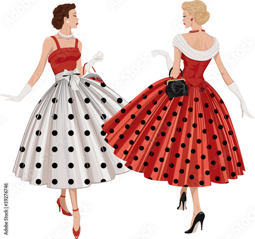Vector: Two women in polka dots dresses inspect each other passing by Two women in polka dots dresses inspect each other passing by