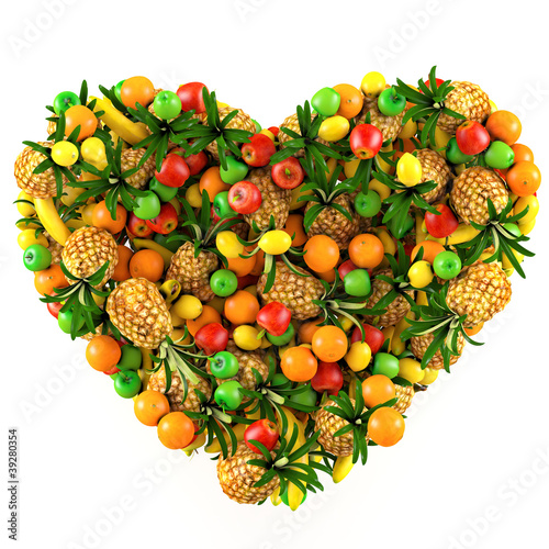 Illustration: Heart of fruits. Isolated on white. 3d render Heart of fruits. Isolated on white. 3d render