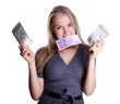 Lucky girl has won a lot of money. Hryvnia. Isolated