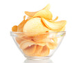 Delicious potato chips in bowl isolated on white