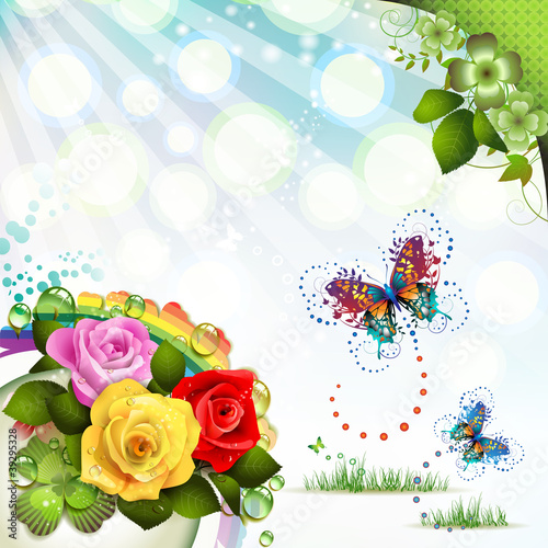 Vector: Springtime background with flowers and butterflies Springtime background with flowers and butterflies
