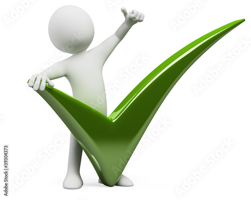Illustration: 3D man with a huge tick and thumb up 3D man with a huge tick and thumb up