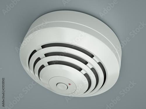 Illustration: Smoke detector attached to the ceiling. 3D render Smoke detector attached to the ceiling. 3D render