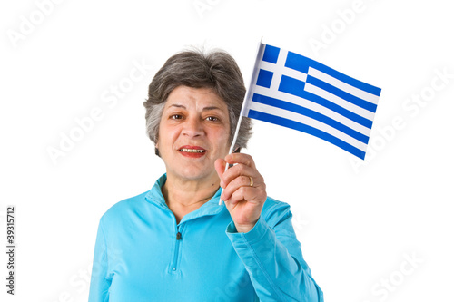 Foto: Seniorin mit griechischer Flagge Seniorin mit griechischer Flagge