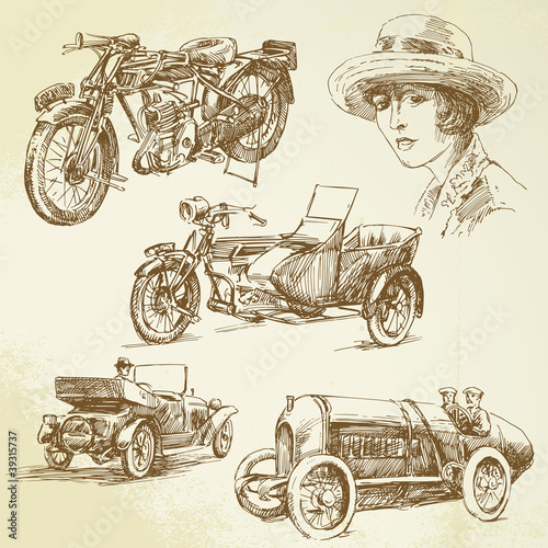 Vector: vintage vehicles - hand drawn set vintage vehicles - hand drawn set
