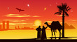 Vector: Travelers near palm-trees at sunrise Travelers near palm-trees at sunrise